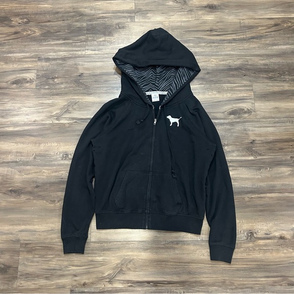 PINK Victoria's Secret Black Zip-Up Hoodie with Dog Logo - Picture 2 of 5